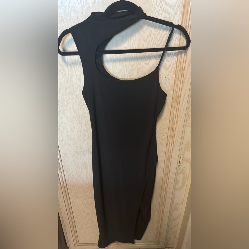 Fashion Nova Woman Black Dress Asymmetrical Sz M Bodycon Goth Party Cut Out Slit